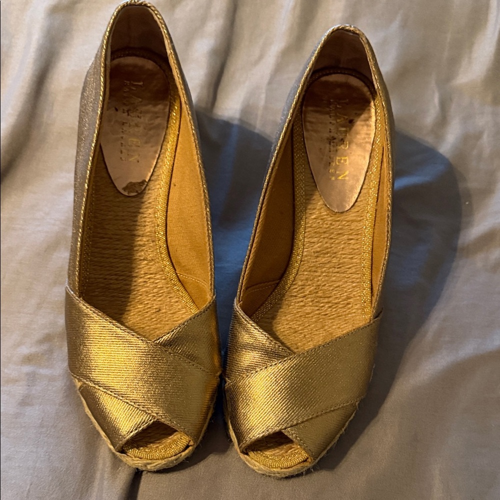 Lauren Ralph Lauren Metallic Gold Peep-Toe Espadrille Wedges